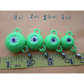 Unbranded 12 PCS FLUKE EAR BALL JIGS NEON GREEN/SILVER EYE/#3 SWIVEL 3,2,1-1/2,1 OZ. 3 EA.