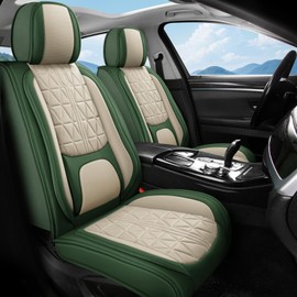 otoez Car Seat Covers Full Set, Nappa Leather Seat Covers for Cars with Lumbar Support, Breatheable Automotive Seat Cover Protector Universal Fit for Most Car Sedan SUV Truck, Green & Beige