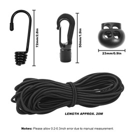 3/16"Bungee Shock Cords with Hooks,65 Feet Elastic Nylon Cords Kayak Stretch String Rope for Bikes,Tie Downs,Boating,Camping,Cars,Sunshades,Fitness and Outdoor Enthusiasts(3/16 inch x 65 feet, Black)