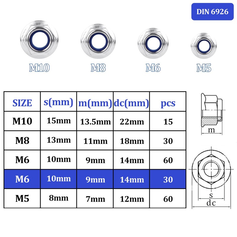 Mbsomnus Pack of 30 Flange Nuts M6 Nut DIN 6926