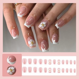 24 Pcs Pink Press on Nails Short Square Nail Tips,YEFIUO White French Acrylic Fake Nails Press ons Small Steel Balls Nail Charms Design Glue on Nails Full Cover Reusable False Nails Art Kit for Ma'am