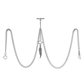 TREEWETO Men's Double Albert Chain Pocket Watch Curb Link Key Chain 3 Hooks with Antique Silver Leaf Pendant Design Charm Fob T Bar