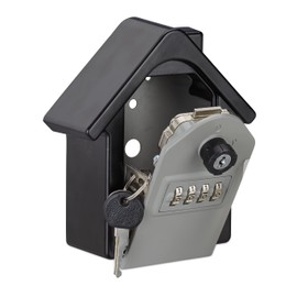 Relaxdays Keybox House, 4-Digit Combination Lock Safe, Emergency Key, Wall-mounted Lockbox, 15 x 13.5 x 7 cm, Black/Grey, aluminum, steel, Pack of 1