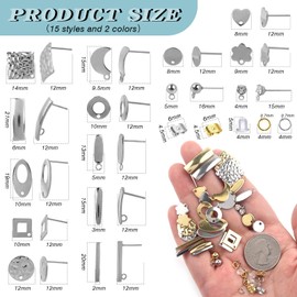 Toaob 60 Pieces Silver Gold Earrings Basic Stud Stainless Steel Hypoallergenic 15 Styles Stud Caps and Clasps Butterfly Earring for Jewellery Creation
