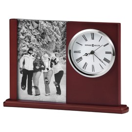Howard Miller Portrait Caddy II Tabletop Clock – Wooden Photo Frame Clock with 4x6 Picture Holder, Quiet Ticking Quartz Alarm, Roman Numerals, Battery Operated, for Family