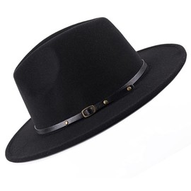 VASANA Fashion Classic Unisex Adjustable Fedora Hat Wide Brim Flat Church Derby Cap with Belt Buckle Jazz Hat Felt Panama Hat for Men and Women (Black), black