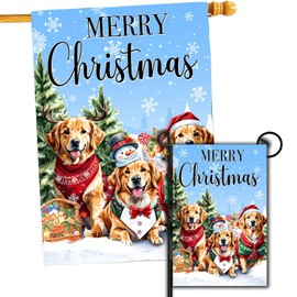 DECORLUXES Merry Christmas Dogs House Flag 28x40 Double Sided Outside, Winter Festive Holiday Yard Outdoor Decorative (1 Garden Flag+ 1 House Flag)