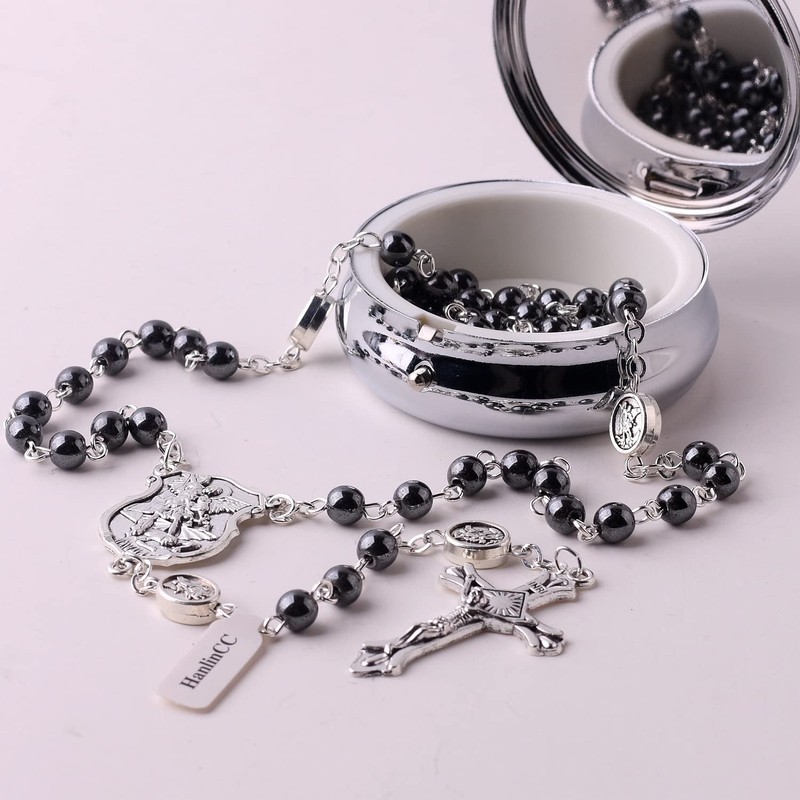 HanlinCC Saint Michael the Archangel Hematite Black Stone Beads Rosary