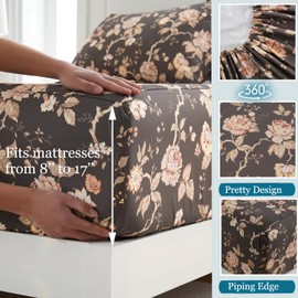 Zusbest Dark Brown Floral Bed Sheets Set - California King Percale Cotton Shabby Rustic Peony Flower Print Bed Sheets - Soft Breathable Mocha Classic Vintage Bedding 4 Pcs Deep Pockets Flower Sheets