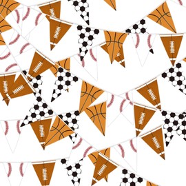 MARFOREVER 39.8 Ft Sport Party Banner Decorations, 48 Pcs Pre-Strung Football Basketball Soccer Baseball Triangle Flag Background Hanging Paper Banner Flags for Sports Supplies Birthday Party Decoration