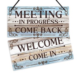 Putuo Decor Meeting in Progress Door Sign, Welcome Come in Office Door Sign for Meeting Room, Cubicle Door, Business Office, Online Conference, 10x5 Inches PVC Double Sided Office Door Sign Brown Blue