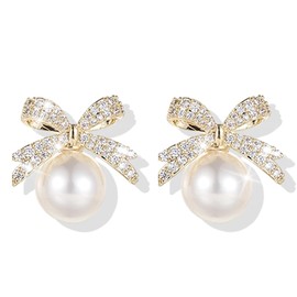 Pearl Bow Earrings for Women Gold Bow Stud Earrings Christmas Earrings Stocking Stuffers for Women Christmas Jewelry Gifts 2024
