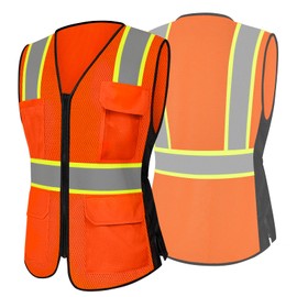 Besentinels Safety Vest for Women 9 Pockets Reflective Vest with Zipper, High Visibility Construction Work Vest for Lady Workers, Drivers, Meets ANSI, WBX-Orange Medium