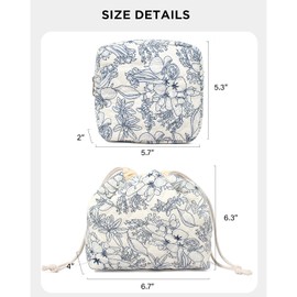 LETGO Makeup Bag Set,Quilted Cosmetic Bag,Large Blue Floral Make Up Bag for Women,Cotton Drawstring Makeup Bag Set,Coquette Aesthetic Toiletry Bag Travel Make Up Organizer Bag (Navy Blue Floral)