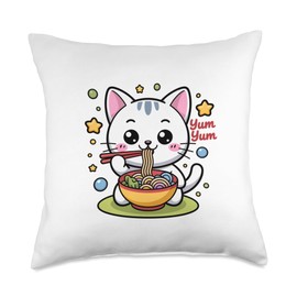 Cat Ramen Slurp Session Fun Food Animal Design Throw Pillow
