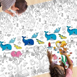 Mermaid Giant Colouring Table Cloth for Kids,137 * 274cm Under the Sea Colouring Poster Tablecloth Colouring Books Table Cover for Girls Boys School Party Poster Educational Doodle Activity Game