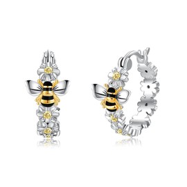 ONEFINITY Honey Bee Earrings 925 Sterling Silver Daisy Hoop Earrings Bee Flower Animal Floral Jewelry Mothers Gifts for Women Mom Grandma