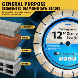 12" Segmented Diamond Saw Blade for Concrete, Brick, Block and Masonry, 15mm Segment Height, 1" Arbor, 3-Pack