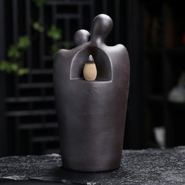 Hugging Lovers Backflow Incense Burner Waterfall Ceramic Incense Holder, Handcraft Censer Set for Home Decor Aromatherapy Ornament With Incense Cones Sticks Tweezer Mat