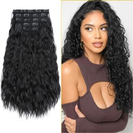 S-noilite 24" Clip in Hair Extensions 5PCS Loose Waves Wavy Hair Extensions Synthetic Thick Natural Hairpieces Double Weft Black Hair Extensions Clip Ins for Women Full Head Long Hair Pieces,#1