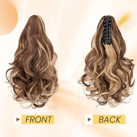 Ponytail Extension, MY-LADY Claw Clip in Ponytail Hair Extensions 14 Inch Short Curly Ponytail Natural Wavy Synthetic Hairpiece for Women,Chocelate Brown mix Ash Blonde
