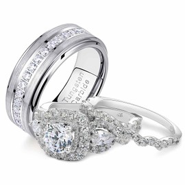 Newshe Jewellery Wedding Ring Sets for Him and Her Sterling Silver Promise Rings for Couples Women Mens Band Size 5-13, Sterling Silver, Cubic Zirconia, Tungsten, Cubic Zirconia