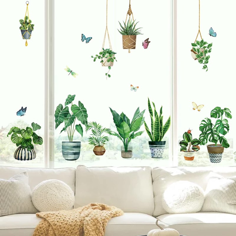 decalmile Hanging Potted Plant Window Clings Tropical Botanical Cactus Window