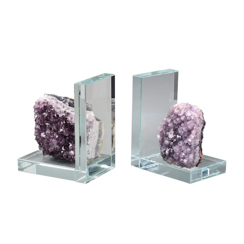 AMOYSTONE Heavy-Duty Amethyst L-Shaped Glass Bookends, 1 Pair (4-6 LBS)