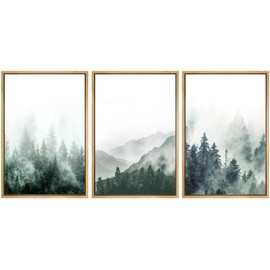 SIGNWIN Framed Canvas Print Wall Art Woodland Nursery Decor Set Misty Green Mountain Forest Valley Nature Wilderness Modern Art Rustic Landscape for Living Room, Bedroom, Office - 16"x24"x3 Natural