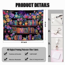 keowhsf Pink Purple Flower Bookshelf Wall Tapestry Colorful Tapestries for Bedroom Aesthetic Floral Tapestry Wall Hanging Cute Girl Bedroom Decor