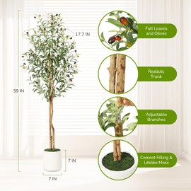 Artificial Olive Trees, 5 Ft Tall Faux Olive Trees with 2 Natural Wood Trunks and Lifelike Fruits, Fake Tree with White Planter, Large Olive Plants for Indoor Home Decor, Set of 2