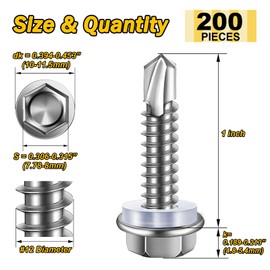 Mywish 200pcs #12×1" Self Drilling Screws for Metal, 410 Stainless Steel Self-Tapping Screws Hex Washer Head Self Drilling Screws, High-Strength Quick Tapping TEK Screws