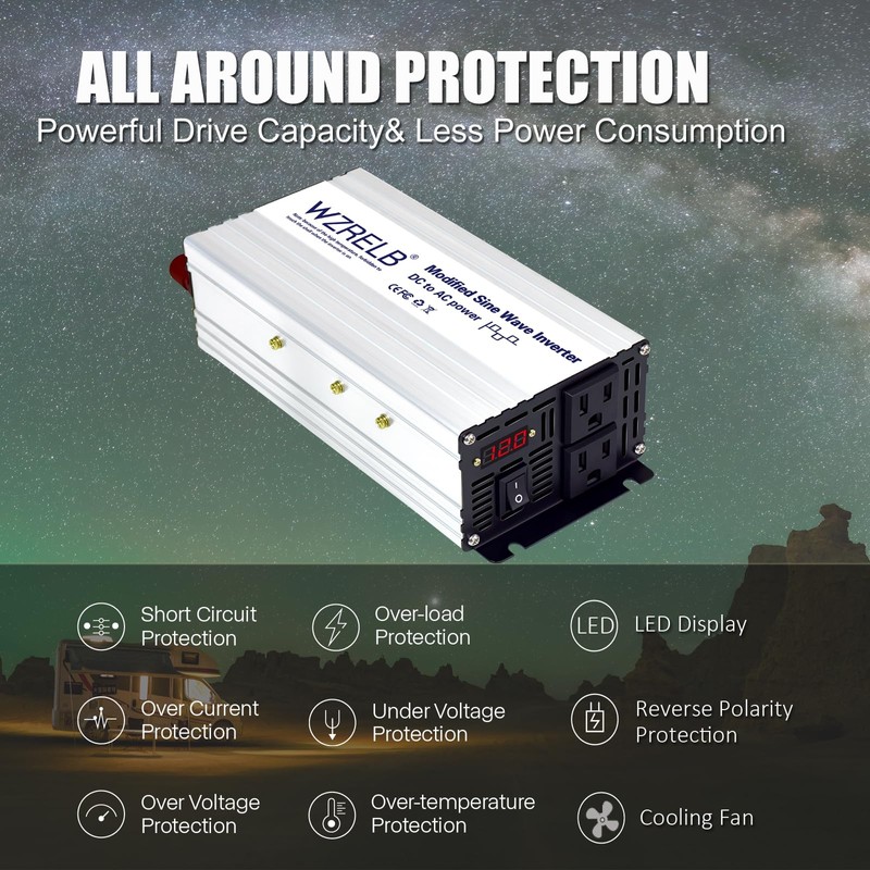 WZRELB 1000W Power Inverter 12V DC to 110V 120V AC,2000W