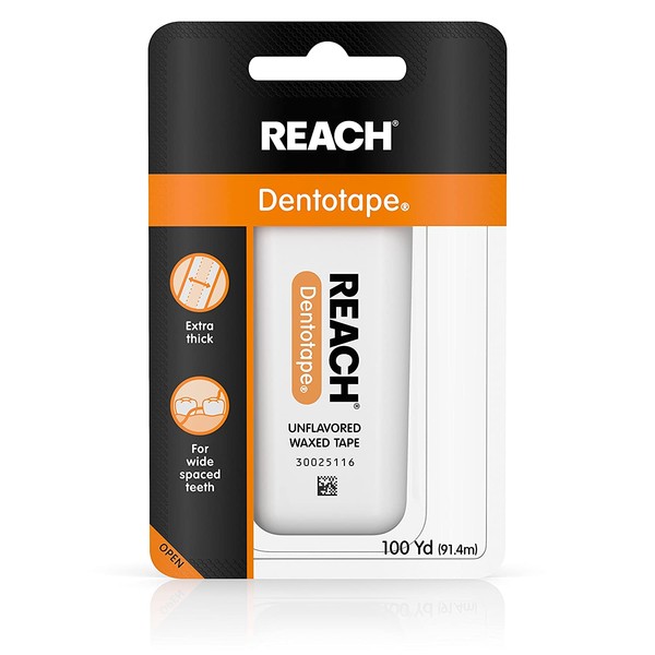 Reach Dentotape Waxed Dental Floss with Extra Wide Cleaning Surface for Large Spaces between Teeth, Unflavored, 100 Yards (Pack of 5)