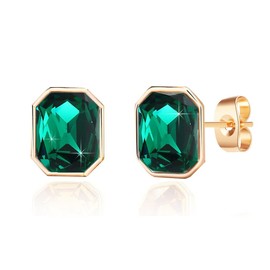 Austrian Crystal Octagon Stud Earrings for Women Fashion 925 Sterling Silver Hypoallergenic Jewelry (Emerald)
