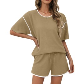 Ekouaer Womens Two Piece Outfits Casual Short Sleeve Knit Sweater Tops Matching Summer Shorts Tracksuit Lounge Sets Khaki XX-Large