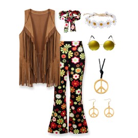 CICOCI 60s 70s Outfit For Women Hippie Costume 8pcs Fringe Vest Flared Pants Costume Peace Sign Necklace Earrings