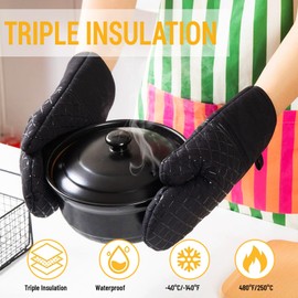 Oven Gloves, Heat Resistant, yisight 2 Oven Gloves + 2 Pot Holder Set, Heat Resistant up to 260°C, Baking Gloves with Cotton for Cooking, Baking, Grilling, Black