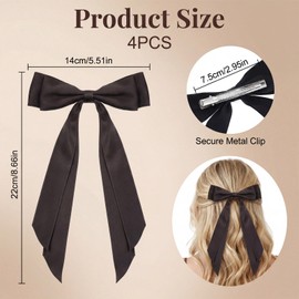 HJZHII 5 Pcs Silky Satin Hair Bow Clips, Long Hair Bow Clips with Metal Clamps Hairs Ribbon French Hairs Bows Ponytail Holder Accessories for Daily Wear Party Birthday(Black/White/Red/Purple/Pink)
