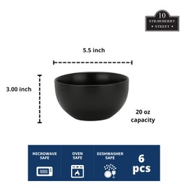 10 Strawberry Street Wazee Matte 5.5"/16oz Cereal Bowl, Set of 6, Black