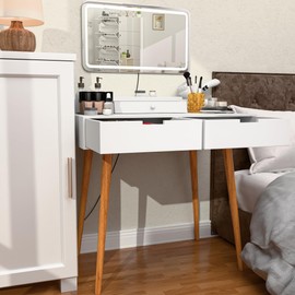 espidoo Makeup Vanity Desk with LED Lights: 31.5 Inch Modern Dressing Table with Removable Mirror & Adjustable Brightness - White MDF Vanity Set with 2 Drawers & 3 Shelves for Bedroom Beauty Storage