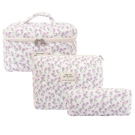 Women's Cosmetic Bag Set of 3 Travel Makeup Bag Made of Cotton, Flower Pattern Make-Up Bag, Purple Peacock Flower, Fresh and sweet