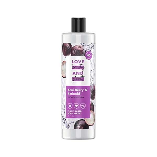 Love Beauty And Planet Plant-Based Body Wash Smooth and Renew Skin Acai Berry & Retinoid Made with Plant-Based Cleansers and Skin Care Ingredients, 100% Biodegradable 20 fl oz