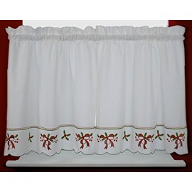 Today's Curtain Holiday Joy Multi Color Embroidered Tiers, 24-Inch, White