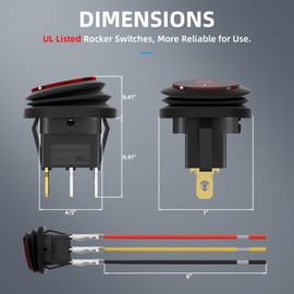 DaierTek Rocker Switch 12V 20A Waterproof Marine Round Rocker Switch Red LED Lighted [UL Listed] ON Off Toggle Switch 3 Pin SPST for Car Truck RV Boat -5pcs