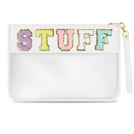 Morcheiong Chenille Letter Bag Cute Clear Zipper Stuff Pouch Portable Multi-purpose PVC and Nylon Makeup Bag with Handle for Travel School Gym Beach（White Stuff）