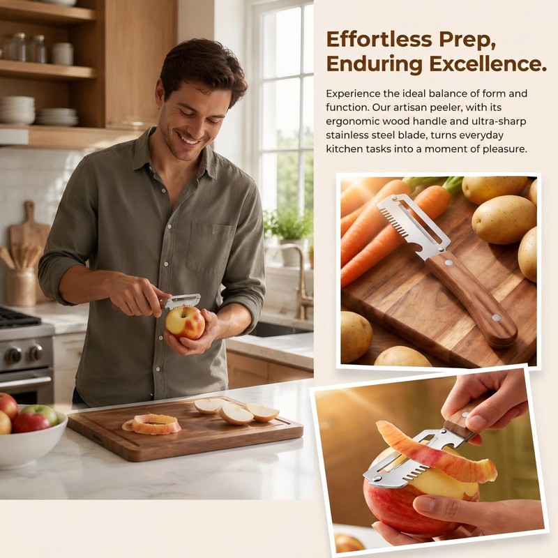 Multi-Functional Vegetable Peeler, 3 in 1 Multi Functional Wooden Handle