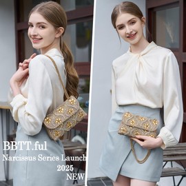 BBTT.ful Flower Evening Handbags Chain Strap Square Shoulder Bag Crossbody Bag Crystals Rhinestone Clutch Purse, Gold