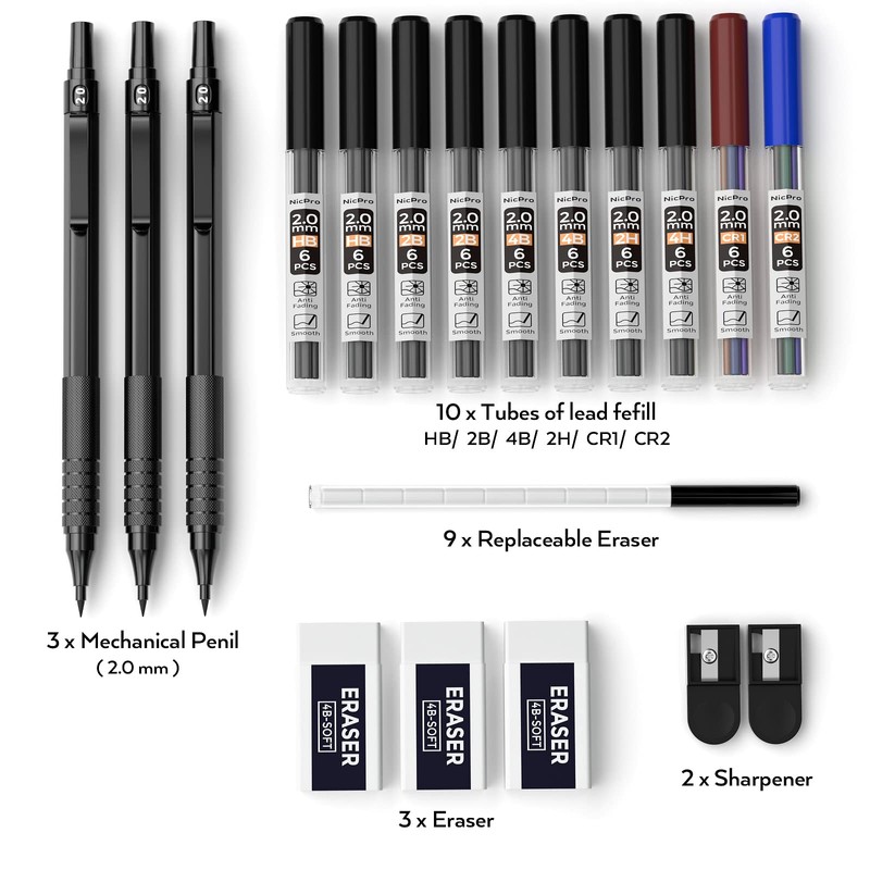 Nicpro Black Metal 2.0 Mechanical Pencil Set with Case, 3