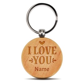 PR Print Royal Schlüsselanhänger mit Gravur - I love you - mit Name personalisiert, Jahrestag Geschenk Valentinstag, Lasergravur, Runder Anhänger aus Echtholz, 45 x 45 mm
